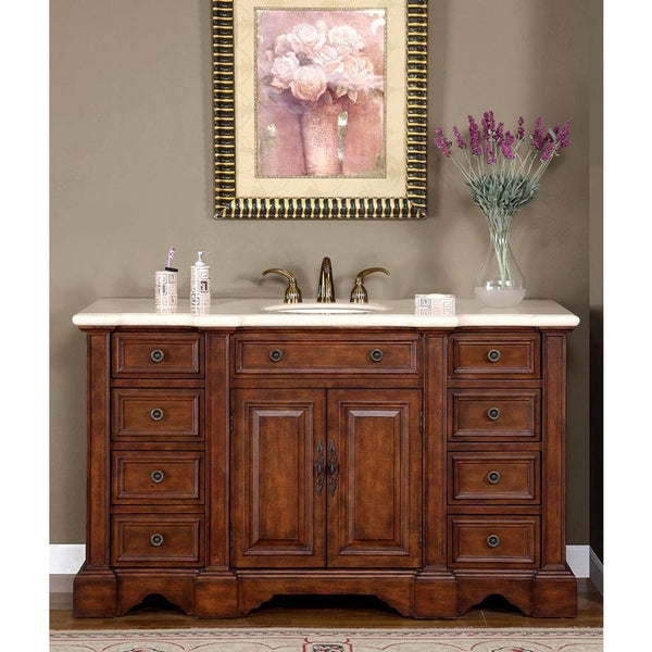 Silkroad Exclusive 58" English Chestnut Single Vanity Set - WFH-0199-CM-UWC-58 - Bath Vanity Plus