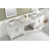 All Estate vanity cabinets are constructed from solid birch wood and MDF to prevent warping, and paired with a 1 inch thick white quartz countertop and backsplash.