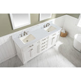1" thick white quartz countertop with pre-drilled holes to accommodate 8" widespread faucets