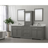 This unique modular vanity set is comprised of 2 single vanities, a draw unit, and a tower cabinet with an additional drawer and cabinet with a tempered glass door.