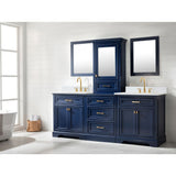 This unique modular vanity set is comprised of 2 single vanities, a draw unit, and a tower cabinet with an additional drawer and cabinet with a tempered glass door. 