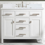 Other fine details include a white ceramic sink with overflow, dovetail joint drawer construction, predrilled holes to accommodate 8-inch widespread faucets, and multi-layer paint finish on the cabinets provide beauty and durability for years to come.