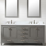 Vanity cabinets constructed from solid birch wood and MDF to prevent warping 1" thick white quartz countertop with pre-drilled holes to accommodate 8" wide spread faucet
