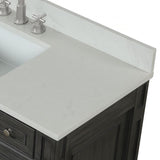 1" thick quartz countertop in antique white with pre-drilled holes to accommodate 8" wide spread faucets