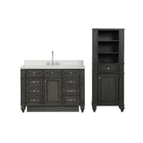 Linen cabinet with gray double sink vanity
