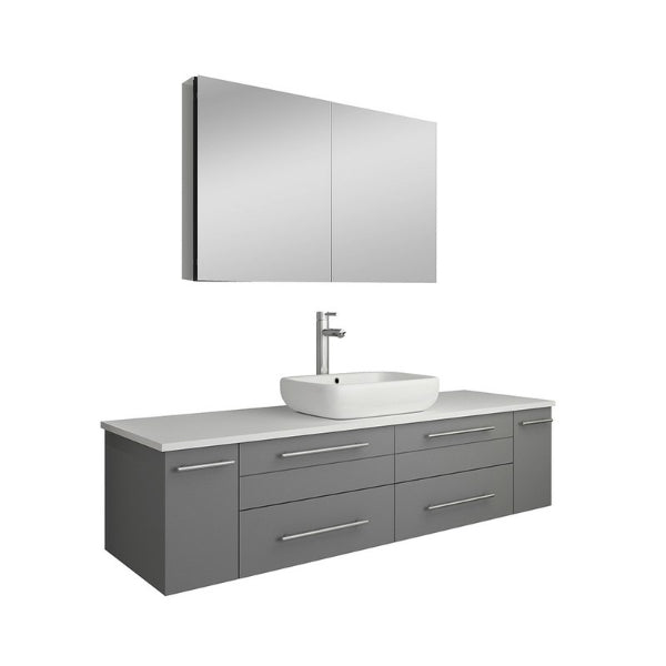 Fresca Lucera 60" Gray Modern Wall Hung Vessel Sink Vanity w/ Medicine Cabinet
