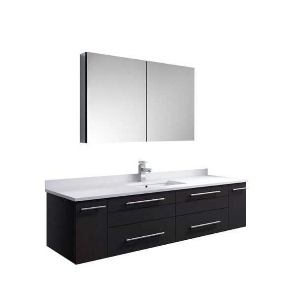 Lucera 60" Espresso Modern Wall Hung Undermount Sink Vanity w/ Medicine Cabinet