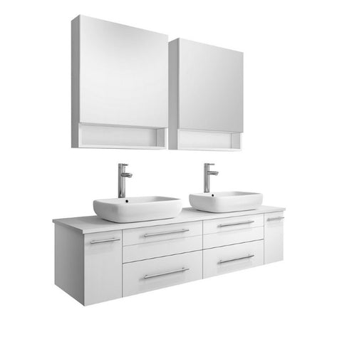 Fresca Lucera 60" White Modern Wall Hung Double Vessel Sink Bathroom Vanity