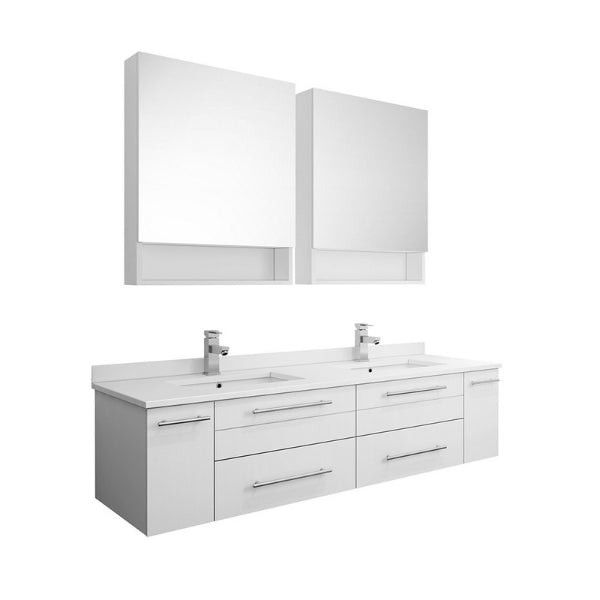 Lucera 60" White Modern Wall Hung Double Undermount Sink Bathroom Vanity