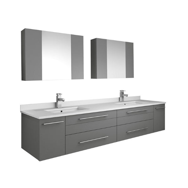 Lucera 72" Gray Modern Wall Hung Double Undermount Sink Bathroom Vanity