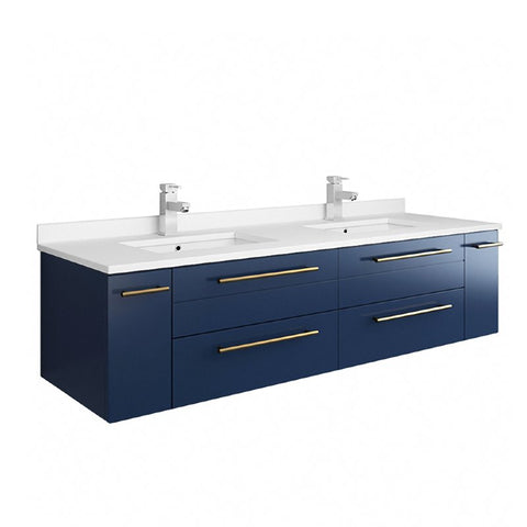 Lucera Modern 60" Royal Blue Wall Hung Double Undermount Sink Bathroom Vanity | FCB6160RBL-UNS-D-CWH-U