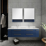 Lucera 60" Royal Blue Modern Wall Hung Double Undermount Sink Bathroom Cabinet | FCB6160RBL-UNS-D