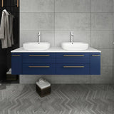 Lucera 60" Royal Blue Modern Wall Hung Double Vessel Sink Bathroom Cabinet | FCB6160RBL-VSL-D