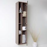 Fresca Gray Oak Bathroom Linen Side Cabinet w/ 4 Cubby Holes & Mirror