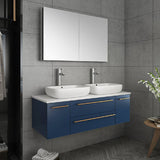 Lucera Modern 48" Royal Blue Wall Hung Double Vessel Sink Bathroom Vanity Set | FVN6148RBL-VSL-D