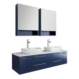 Lucera Modern 60" Royal Blue Wall Hung Double Vessel Sink Bathroom Vanity Set | FVN6160RBL-VSL-D