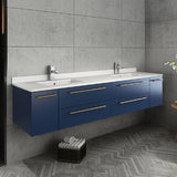Lucera Modern 72" Royal Blue Wall Hung Double Undermount Sink Bathroom Vanity Set | FVN6172RBL-UNS-D