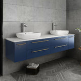 Lucera Modern 72" Royal Blue Wall Hung Double Vessel Sink Bathroom Vanity Set | FVN6172RBL-VSL-D