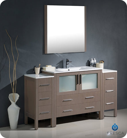Fresca Torino 60" Gray Oak Modern Vanity w/ 2 Side Cabinets & Integrated Sink