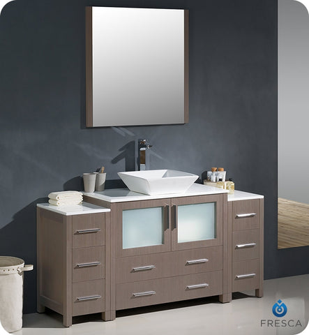 Fresca Torino 60" Gray Oak Modern Vanity w/ 2 Side Cabinets & Vessel Sink