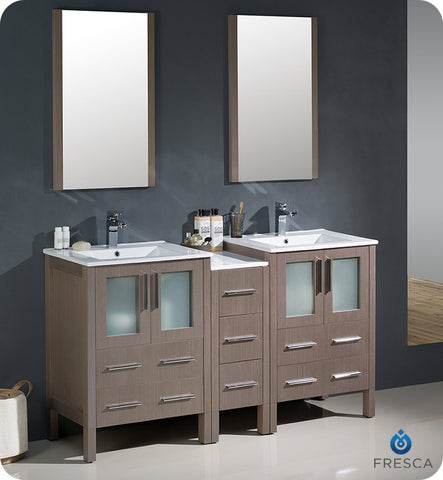 Fresca Torino 60" Gray Oak Double Sink Vanity w/ Side Cabinet & Integrated Sinks