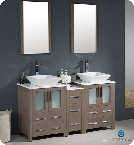 Fresca Torino 60" Gray Oak Double Sink Vanity w/ Side Cabinet & Vessel Sinks