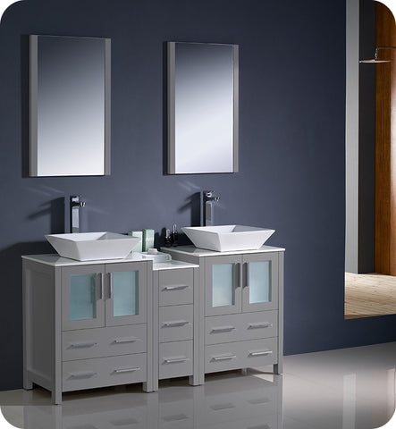 Fresca Torino 60" Gray Modern Double Sink Vanity w/ Side Cabinet & Vessel Sinks