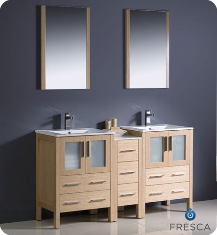 Fresca Torino 60" Light Oak Double Sink Vanity w/ Cabinet & Integrated Sinks