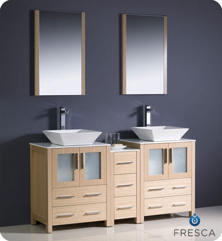 Fresca Torino 60" Light Oak Double Sink Vanity w/ Side Cabinet & Vessel Sinks