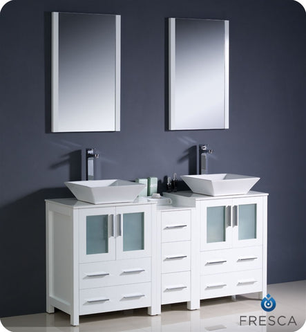 Fresca Torino 60" White Modern Double Sink Vanity w/ Side Cabinet & Vessel Sinks