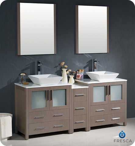 Fresca Torino 72" Gray Oak Double Sink Vanity w/ Side Cabinet & Vessel Sinks