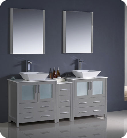 Fresca Torino 72" Gray Modern Double Sink Vanity w/ Side Cabinet & Vessel Sinks