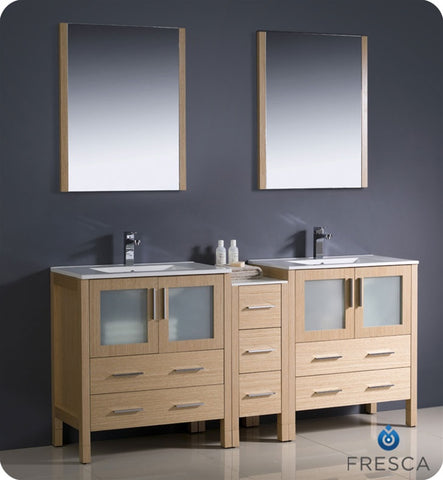 Fresca Torino 72" Light Oak Double Sink Vanity w/ Cabinet & Integrated Sinks