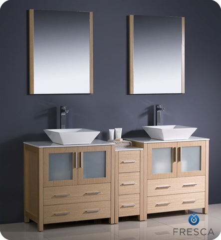 Fresca Torino 72" Light Oak Double Sink Vanity w/ Side Cabinet & Vessel Sinks