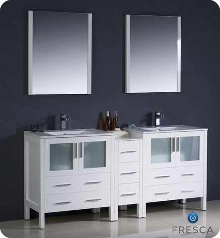 Fresca Torino 72" White Double Sink Vanity w/ Side Cabinet & Integrated Sinks