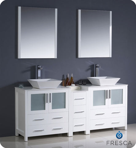 Fresca Torino 72" White Modern Double Sink Vanity w/ Side Cabinet & Vessel Sinks