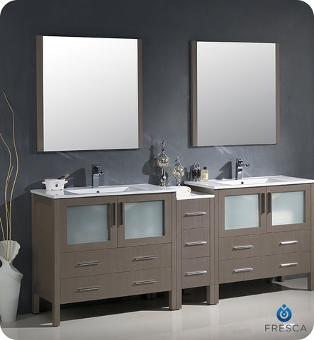 Fresca Torino 84" Gray Oak Double Sink Vanity w/ Side Cabinet & Integrated Sinks