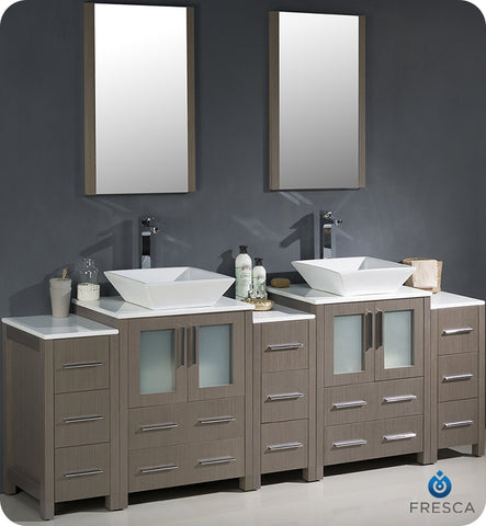 Fresca Torino 84" Gray Oak Double Sink Vanity w/ 3 Side Cabinets & Vessel Sinks