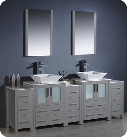 Fresca Torino 84" Gray Double Sink Vanity w/ 3 Side Cabinets & Vessel Sinks
