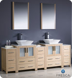 Fresca Torino 84" Light Oak Double Sink Vanity w/ 3 Side Cabinets & Vessel Sinks
