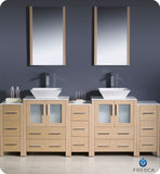 Fresca Torino 84" Light Oak Double Sink Vanity w/ 3 Side Cabinets & Vessel Sinks