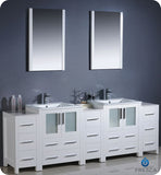 Fresca Torino 84" White Double Sink Vanity w/ 3 Side Cabinets & Integrated Sinks