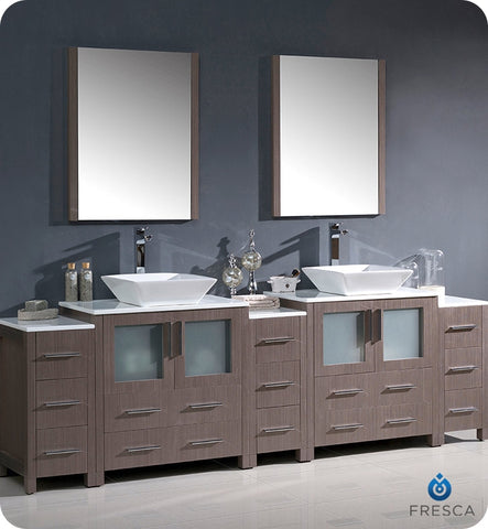 Fresca Torino 96" Gray Oak Double Sink Vanity w/ 3 Side Cabinets & Vessel Sinks
