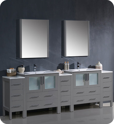 Fresca Torino 96" Gray Double Sink Vanity w/ 3 Side Cabinets & Integrated Sinks