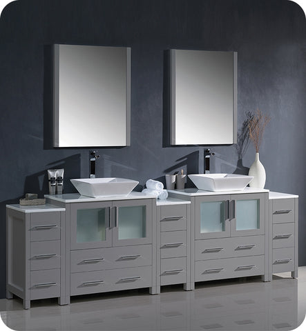 Fresca Torino 96" Gray Double Sink Vanity w/ 3 Side Cabinets & Vessel Sinks