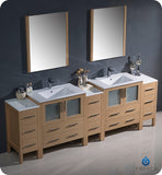 Fresca Torino 96" Light Oak Double Sink Vanity w/ 3 Cabinets & Integrated Sinks