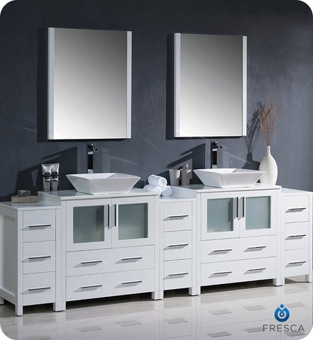 Fresca Torino 96" White Double Sink Vanity w/ 3 Side Cabinets & Vessel Sinks