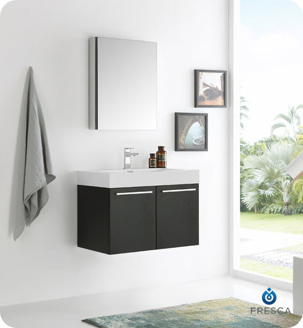 Fresca Vista 30" Black Wall Hung Modern Bathroom Vanity w/ Medicine Cabinet
