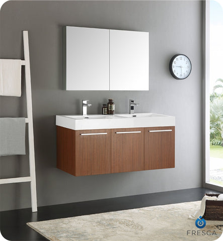 Fresca Vista 48" Teak Wall Hung Double Sink Modern Vanity w/ Medicine Cabinet