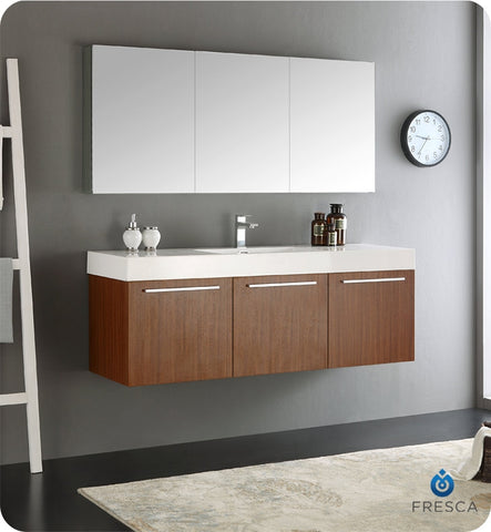 Fresca Vista 60" Teak Wall Hung Single Sink Modern Vanity w/ Medicine Cabinet